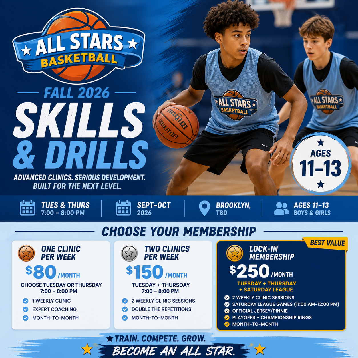 Skills & Drills | Ages 11–13 | Fall 2026 | Tuesday & Thursday 7-8pm