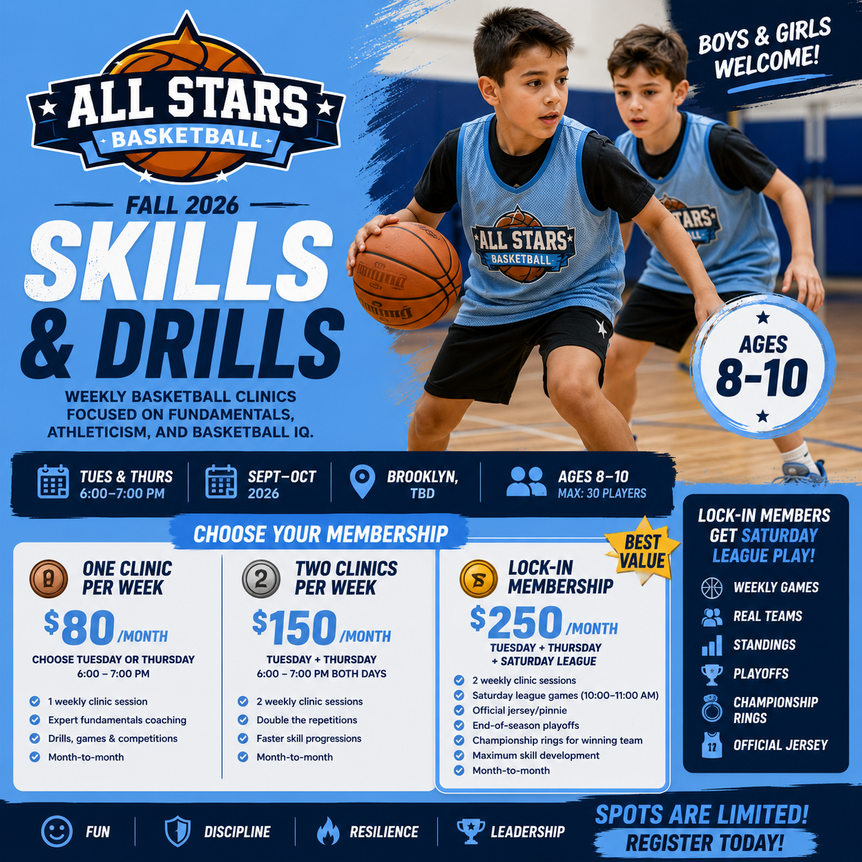 Skills & Drills | Ages 8–10 | Fall 2026 | Tuesday & Thursday 6-7pm